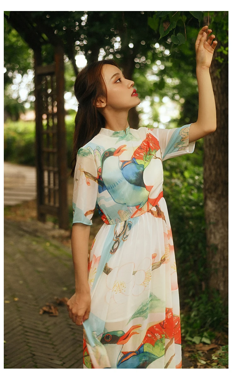 

Summer Women's Clothing Vintage Printed Chiffon Dress High Waist Stand Collar Short Sleeved Holiday Bohemian Maxi Vestidos