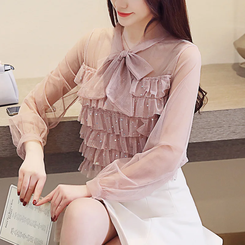 Шифоновые рубашки с бантом на воротнике и блестками весна 2020 новая Корейская