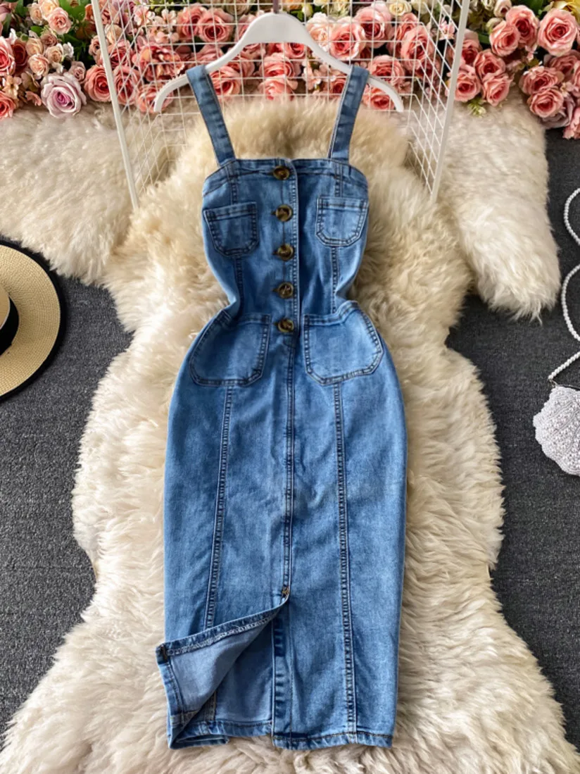 

2021 New Style Fashion Sexy Leisure Strap Denim Dress Pocket Open Back Split Slim Hip Blue Summer Jeans Dresses For Women Ladies