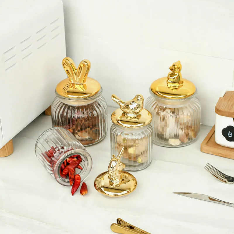 

Nordic Gold Plated Ceramic Cover Glass Jar Animal Shape Storage Bottle Kitchen Storage Box Candy Snack Storage Tank Decoration