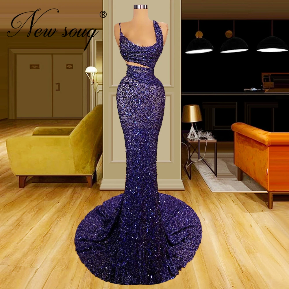 

Spaghetti Straps Prom Gowns Arabic Sequins Mermaid Evening Dress Short And Long Design Party Gowns Cut Out Gown Robes De Soirée