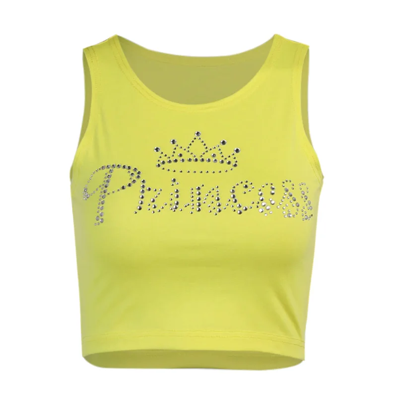 

InstaHot Diamond Letter Tank Top Summer Crop Top 2021 Summer Fashion Pink Yellow Y2K Sexy Casual Streetwear Sleeveless Female