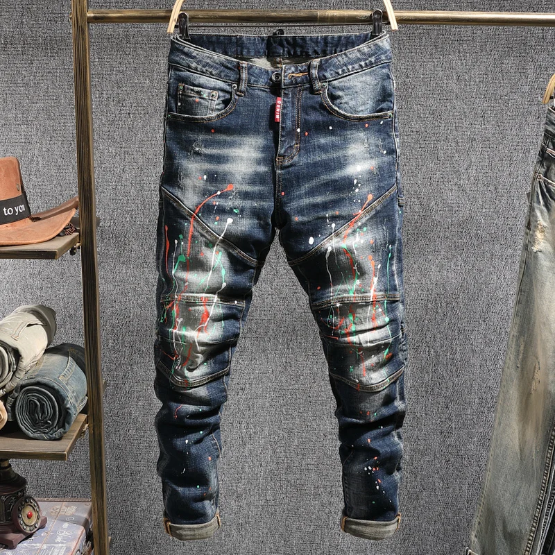 Men's Ink-Splattered Jeans Men Spring Slim Fit Elastic Punk Trousers Spliced Biker Jeans Fashion Personality Streetwear Hip Hop