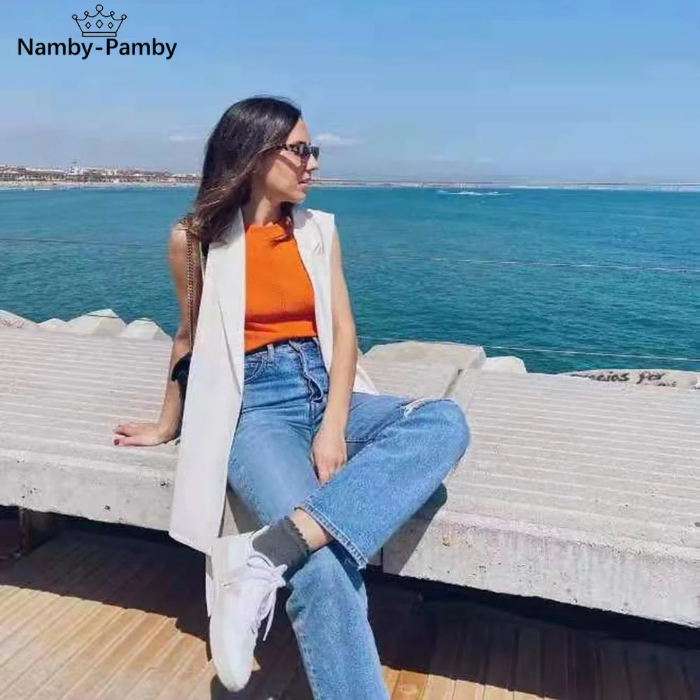 

2021 Summer Women white Solid Side Slit TurnDown Collar One-Button Vest female Vintage Sleeveless Chic Veste ladies Veste