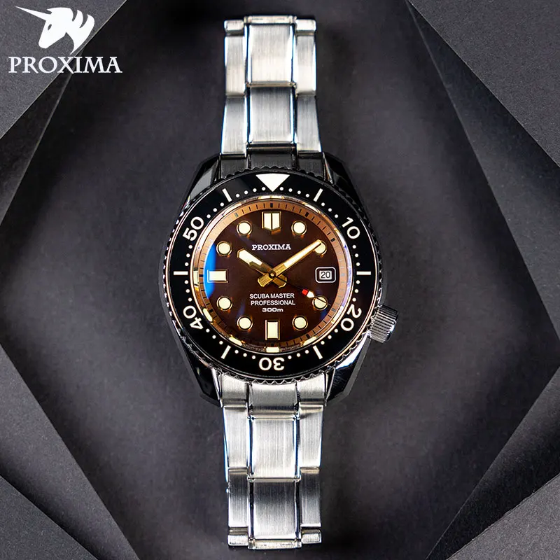 

Proxima Coffee Dial Diver Mens Watch Sapphire Glass NH35A/PT5000 Automatic Mechanical Watches Bracelet Date 30Bar C3 Luminous
