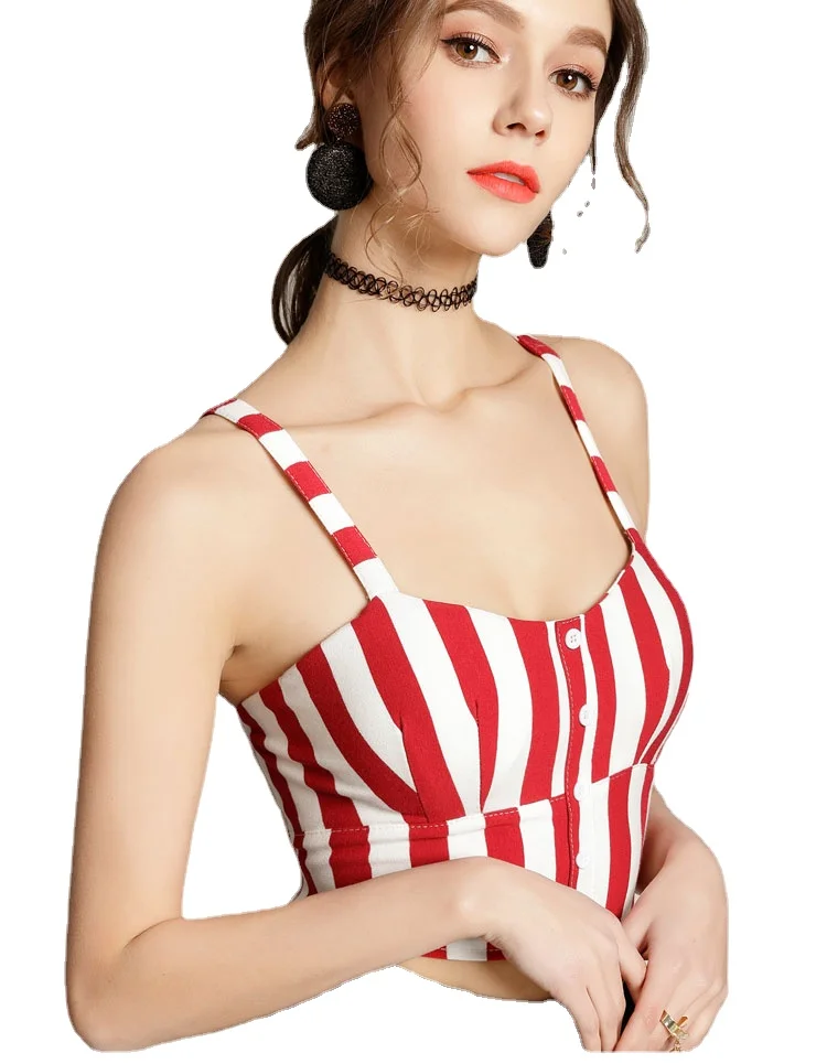 

2020 сексуальные декорированные полосатые укороченные топы на пуговицах, женские эластичные короткие Стильные укороченные топы на бретелях,...