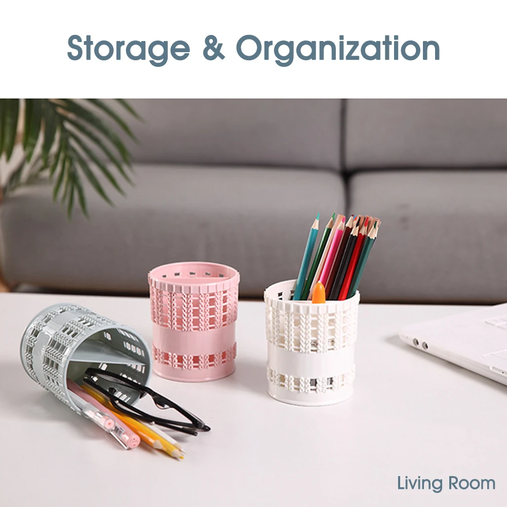 

New Creative Imitation Rattan Hollow Plastic Pen Holder Simple Desktop Storage Box Office Supplies Stationery Storage Basket