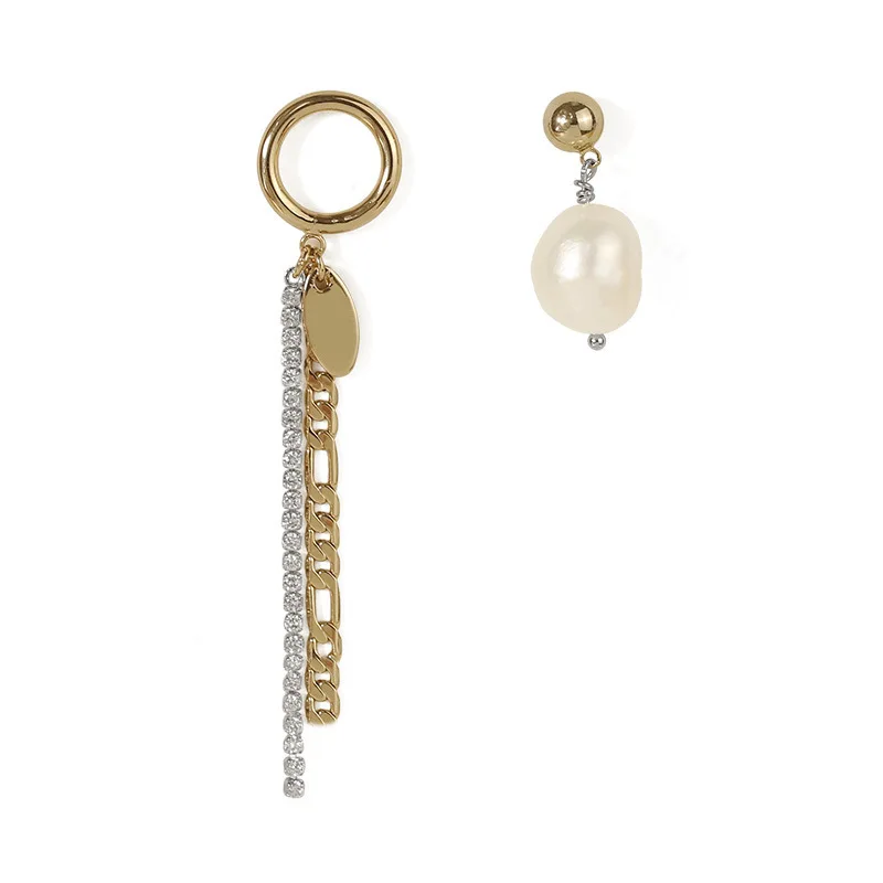 

Temperament Asymmetric Rhinestone Irregular Pearl Long Earrings for Women Lady Gold Color Metal Beaded Link Chain Drop Earrings