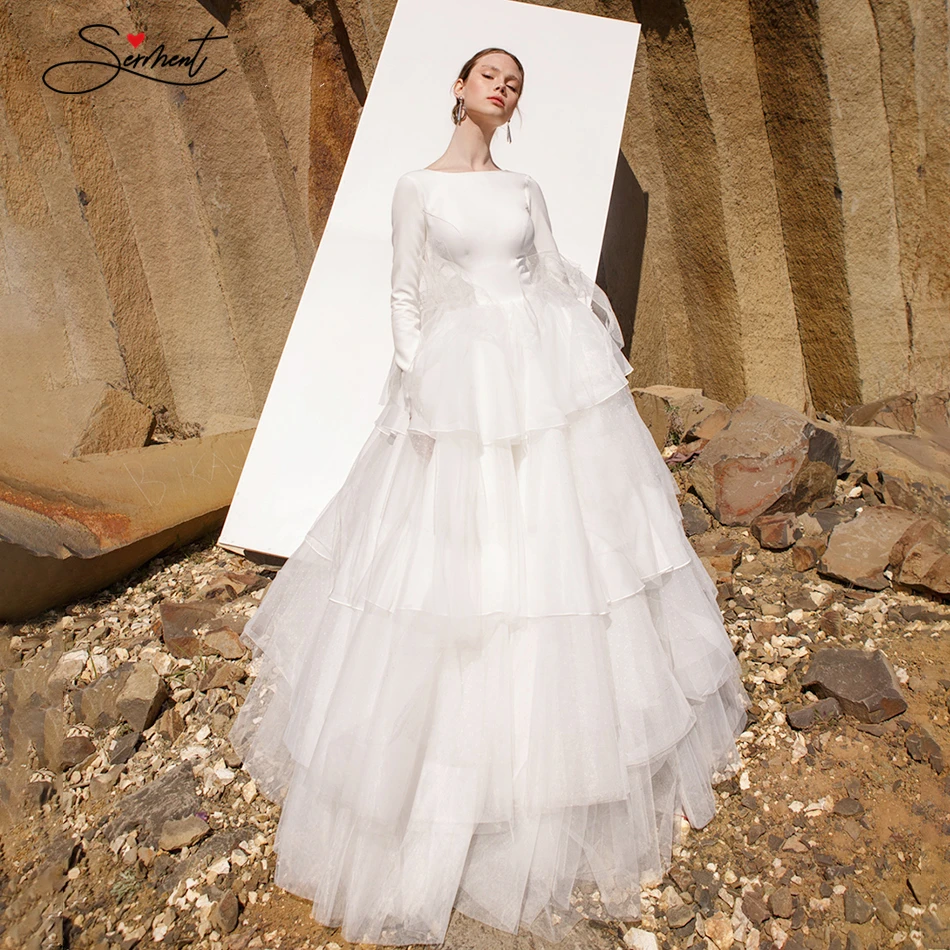 

BAZIIINGAAA Luxury Wedding Dress Gauze Ruffle Tiered Long-sleeved Turtleneck Wedding Dress Support Tailor-made