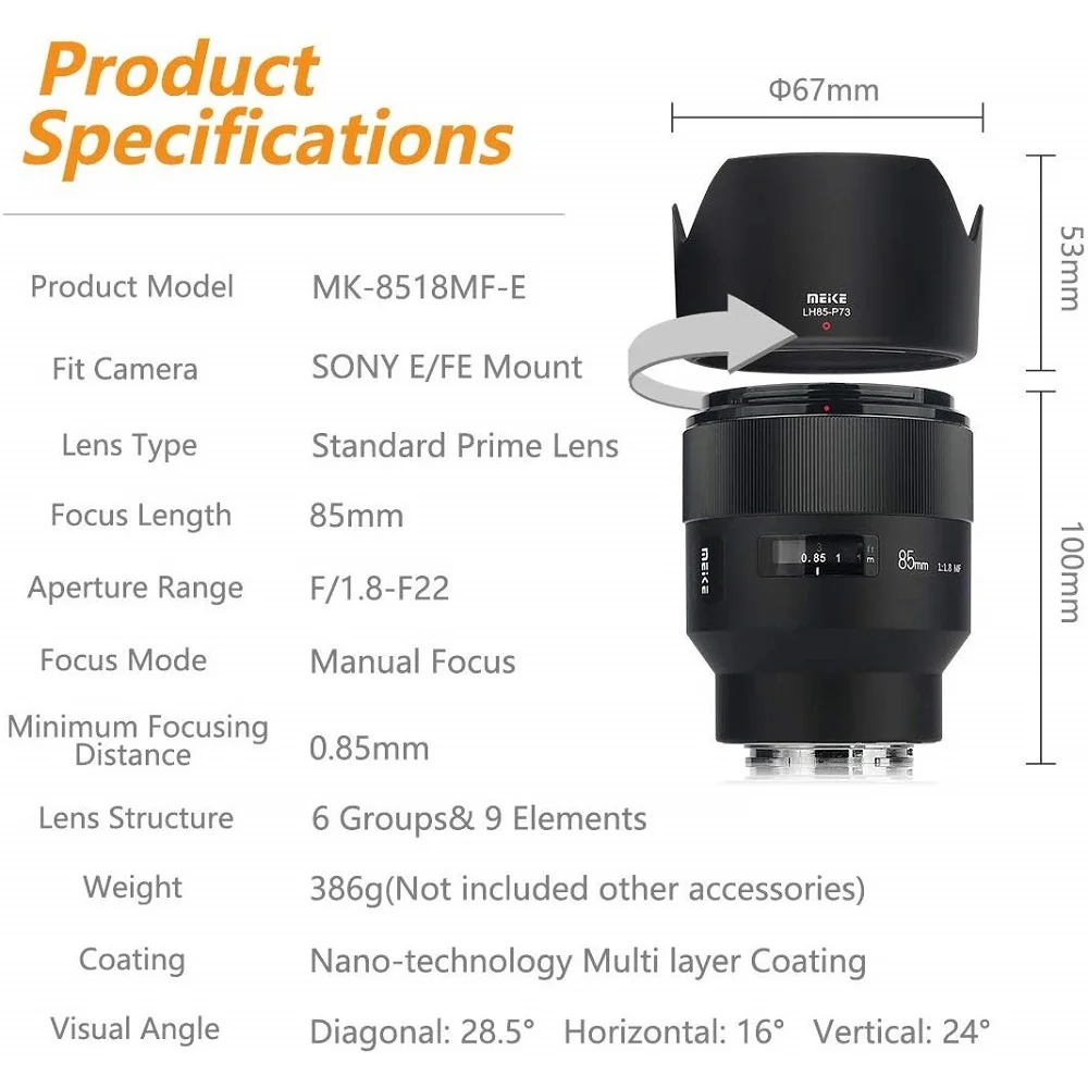 Фотообъектив Meike 85 мм F1.8 с ручной фокусировкой для Sony E Mount A6000 A6300 A6500 A7 A7II
