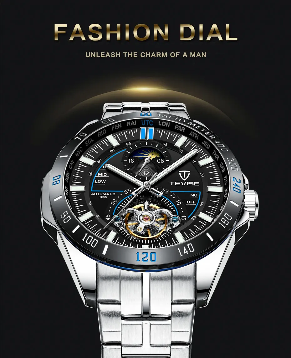 Tevise бренд Роскошный механический автоматический часы Tourbillon модные мужские часы из нержавеющей стали для мужчин Relogio Masculino подарки