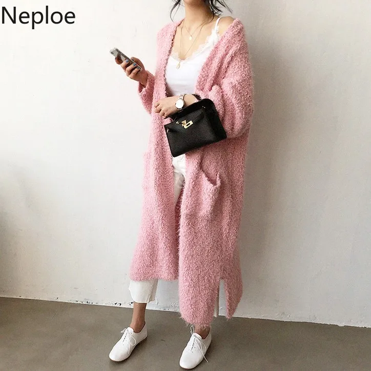 Neploe/плюшевый свободный длинный вязаный кардиган осень-зима свитер пальто мягкая теплая куртка-джемпер 54787 с длинным рукавом и карманом