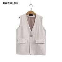 2021 new spring plus size vests women solid v neck single button waistcoat casual pockets loose gilet femme tops
