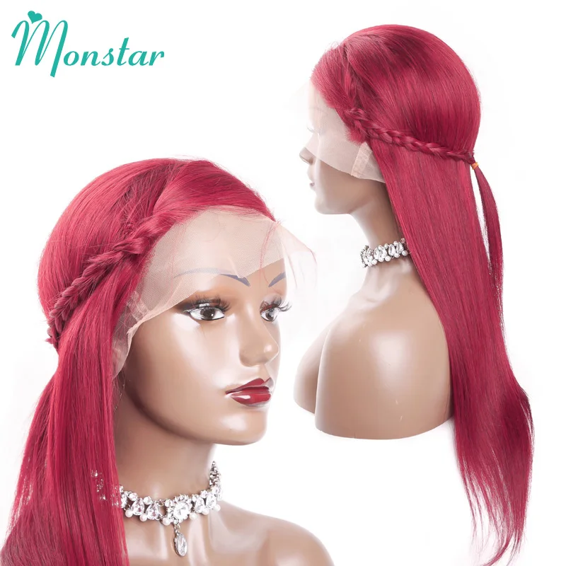 Monstar 99j бордовый парик из натуральных волос на кружеве 8-26 дюймов Длинные