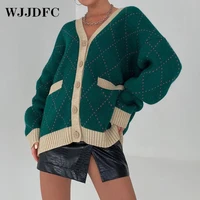 wjjdfc knitted cardigan womens elegant retro sweater y2k patchwork plaid loose v neck sweater womens fall 2021retro ladies top