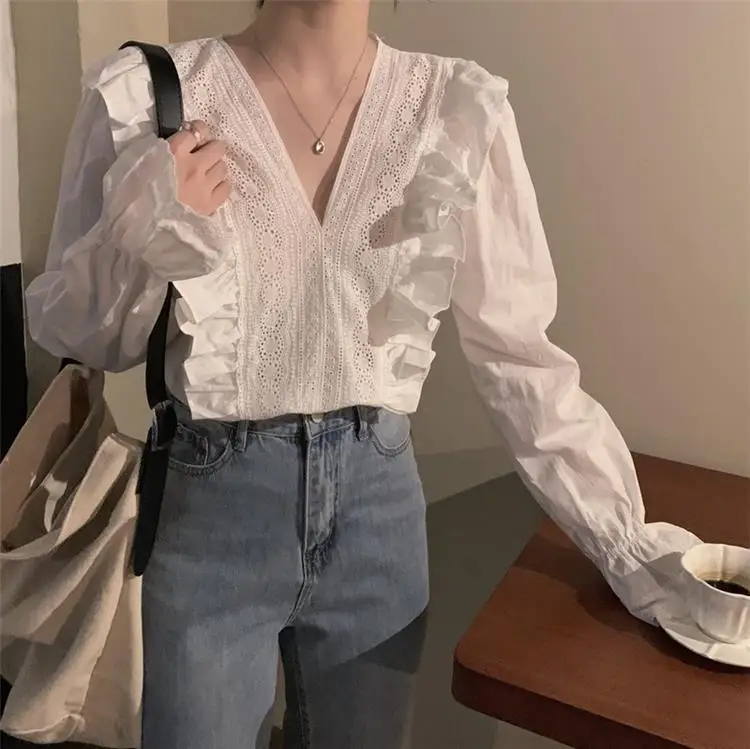 

New Spring White Lace Blouse Women Korean Style V-neck Long Puff Sleeve Shirt Blusas Mujer Ol Simple Shirt Feminino