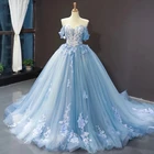 Светильник-голубые платья для Quinceanera 2021, бальное платье принцессы, милое конфетное 3D цветочное оформление, праздничное милое 15