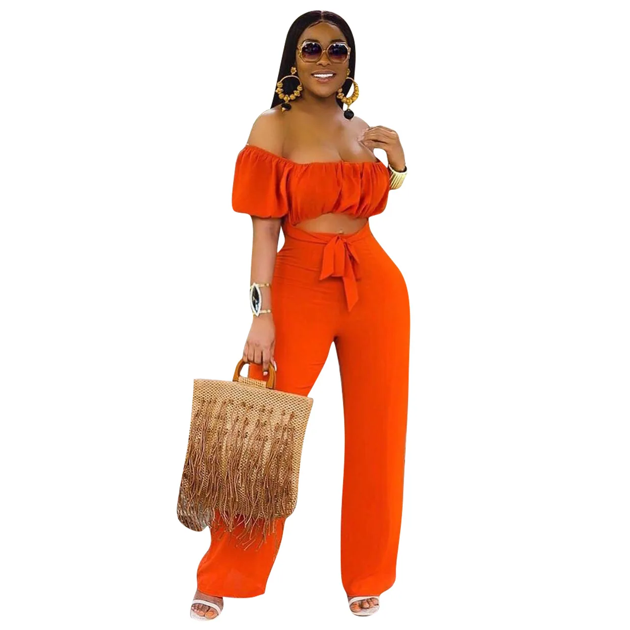 

Donsignet Women Jumpsuit Solid Color Hollow Out Bangade Backless One-Shoulder Casual Wide-leg Pants Sexy Jumpsuit Clubwear
