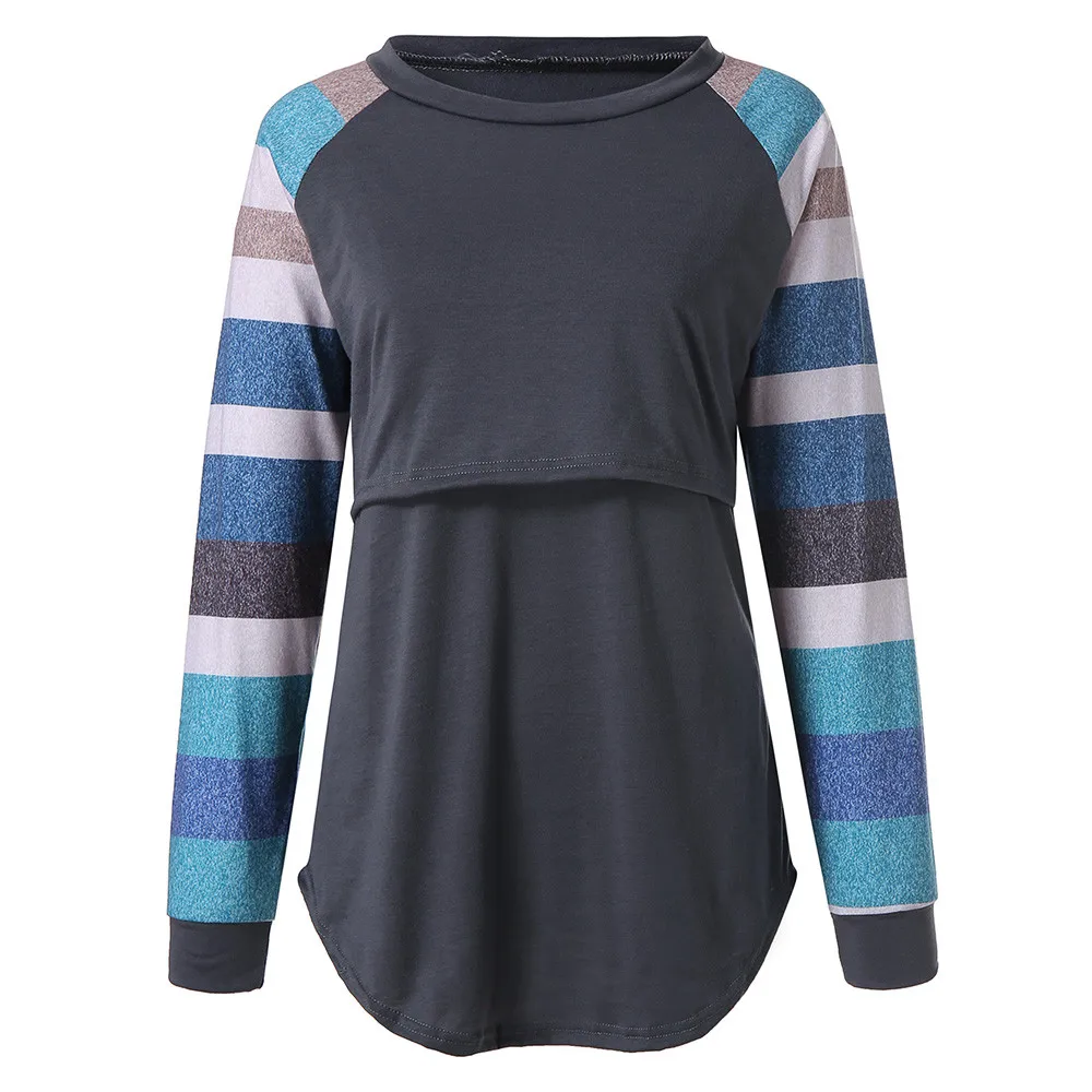 Блузка для беременных женская кормления в полоску с длинным рукавом и круглым