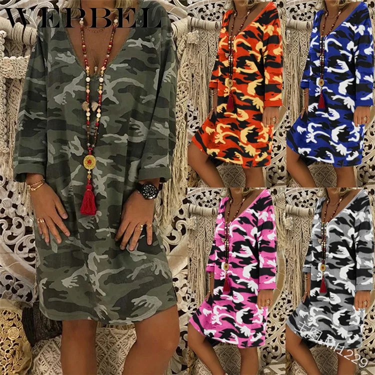 

WEPBEL Camouflage Printed Dress Fashion Comfortable Women Summer Autumn Long Sleeve O-Neck Loose Casual