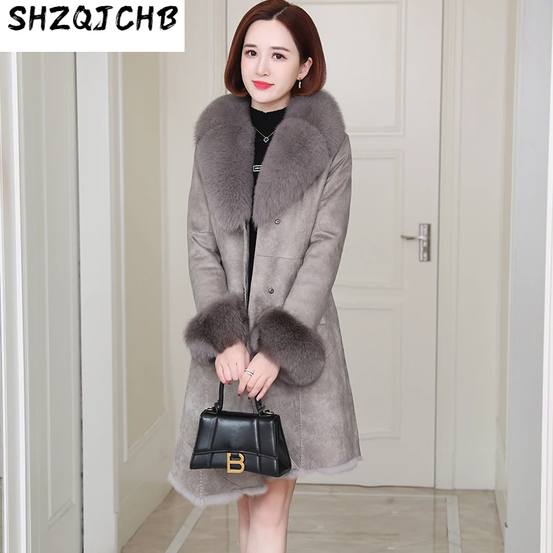 

SHZQ новая кожаная меховая интегрированная Женская одежда из кроличьего меха средний и длинный меховой воротник из лисьего меха