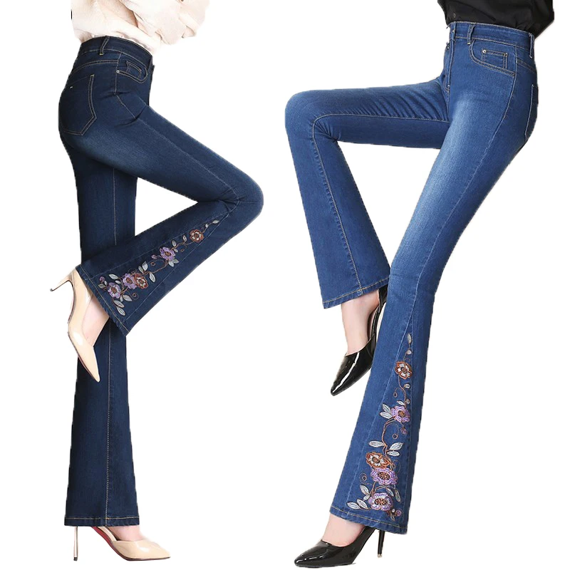 

Flare Pants Jeans Women Spring Slim Wide Leg Ladies Denim Trousers Elastic High Waist Embroidery Pantalon Jean Femme Woman Jeans