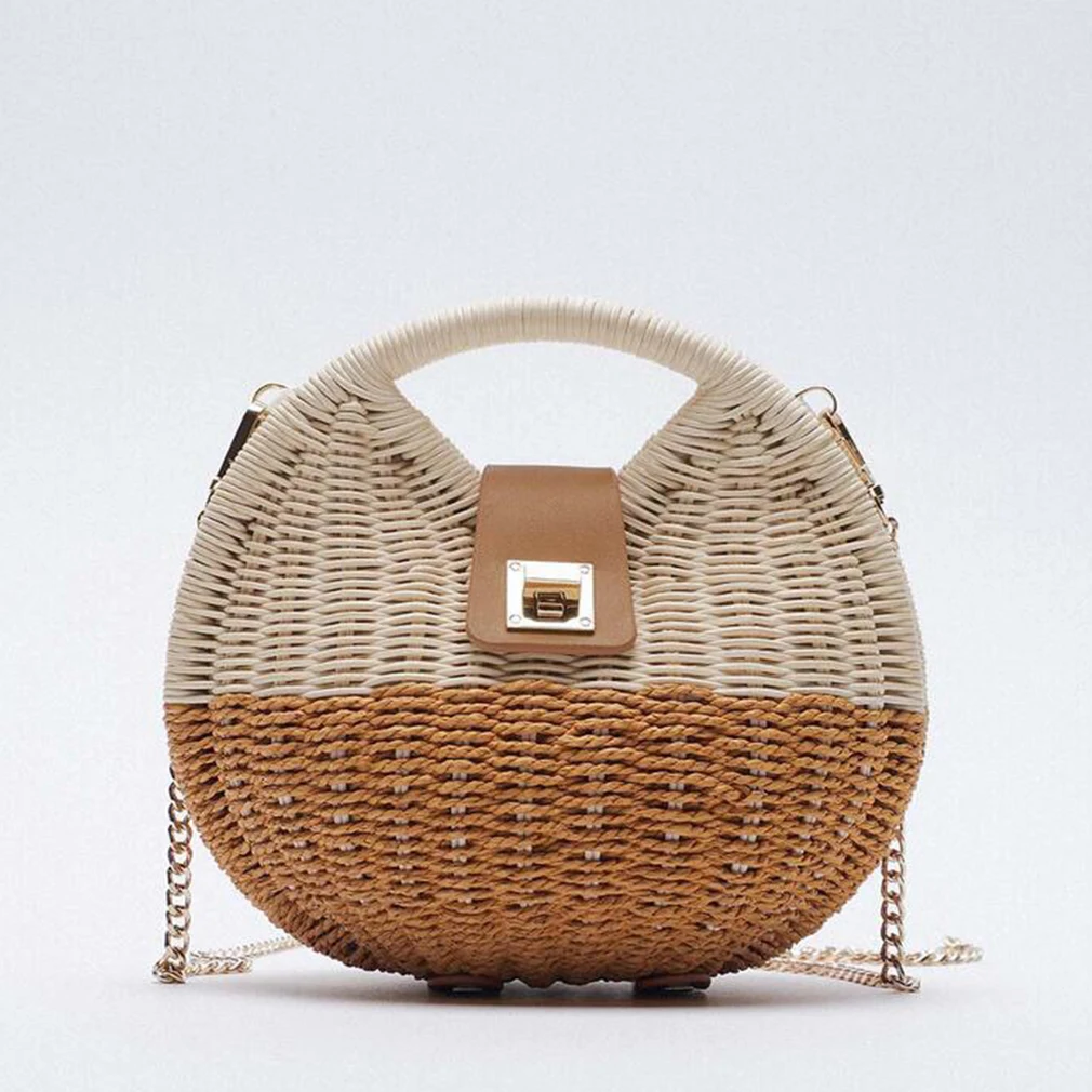

Fashion Wicker Woven Rattan Bags Women Handbag Round Chain Straw Shoulder Bag Crossbody Bags for Women 2021 Bohemia Clutch Purse