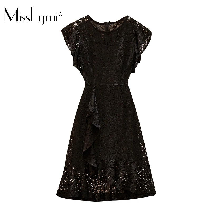 

Elegant Black Hollow Lace Dress Summer 2021 Solid Flying Sleeve High Waist Party Dress Patchwork Ruffle Dress Vacation Plus Size
