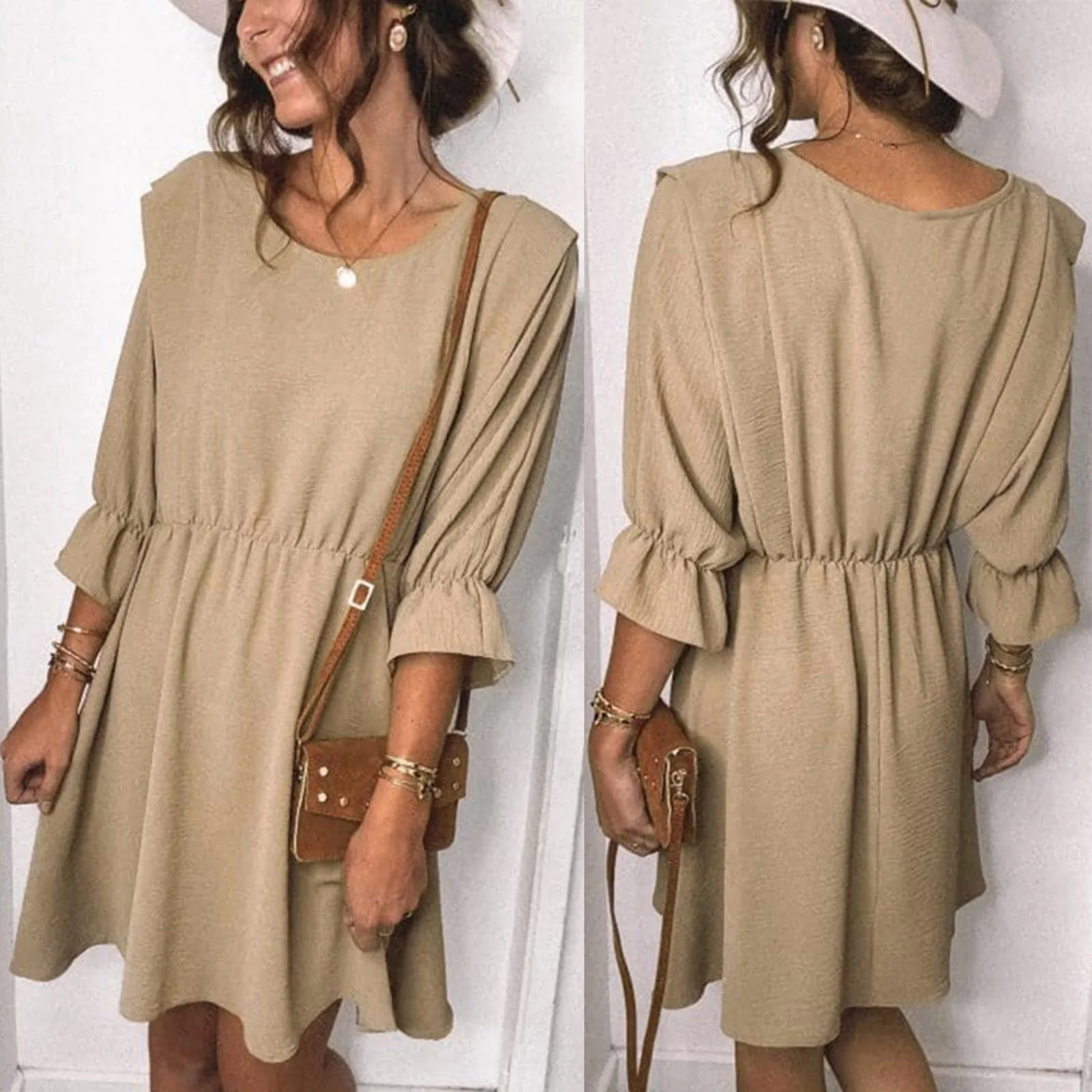 

Модная Винтажная летняя одежда, женское однотонное повседневное мини-платье свободного кроя с круглым вырезом и длинным рукавом