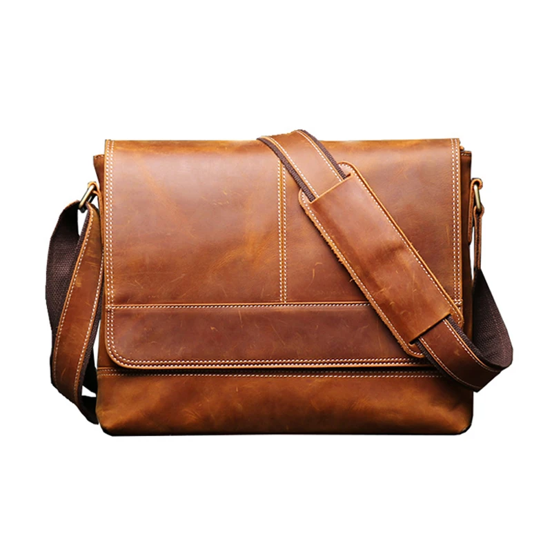 2021 Men s Retro Distressed Leather Shoulder Travel Bag Crazy Horse Leather Messenger Bag Large Capacity A4 Document Bag