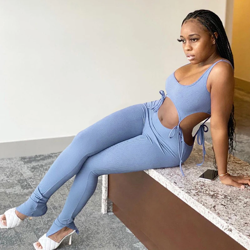 

Bandage Crop Top+Leggings Two Piece Set Women Solid Sleeveless Elastic Hight Skinny Female Outfit Fashion Slim Streetwear