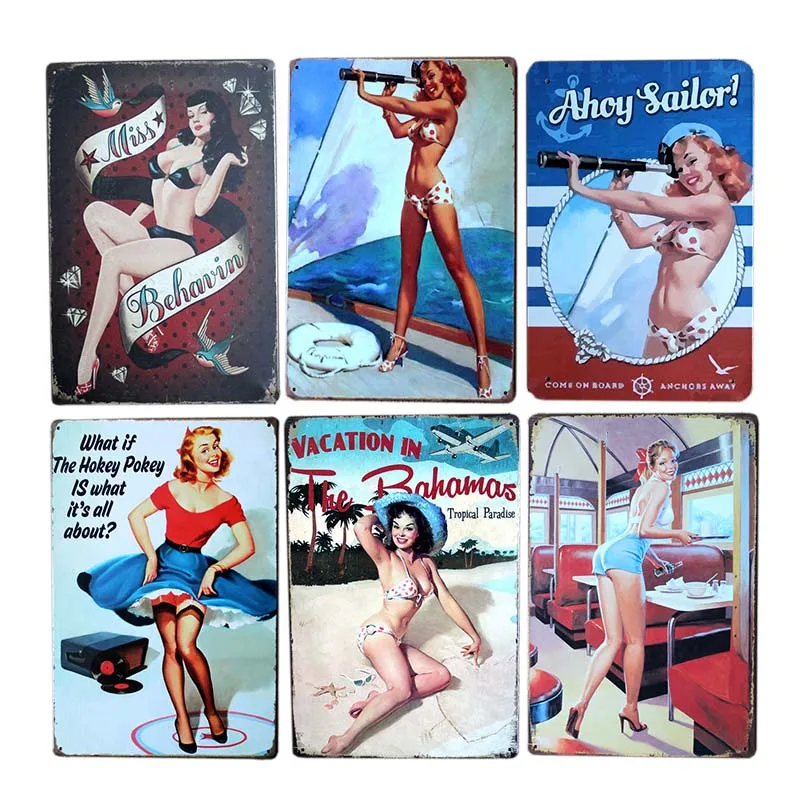

Pin Up Poster Vintage Girl Metal Tin Sign Pinup Cafe Decoration Pub Retro Wall Plaque Decorative Home Decor 20x30cm