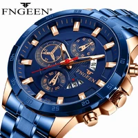 fngeen luminous watches for mens sports luxury top brand blue stainless steel auto date waterproof quartz wristwatches reloj man