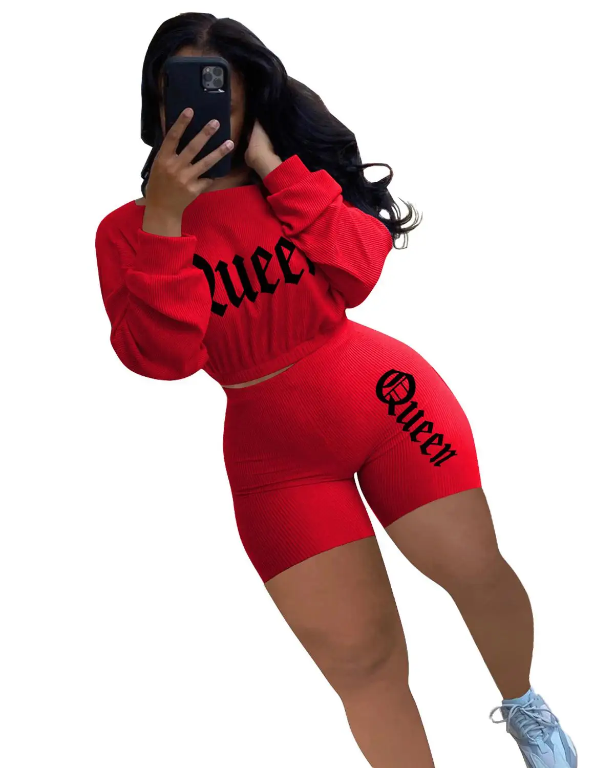 

Knitted QUEEN Letter Printed Matching Sets For Women Two Piece Outfits Long Sleeve Sweatshirt Top Skinny Shorts Free Shipping