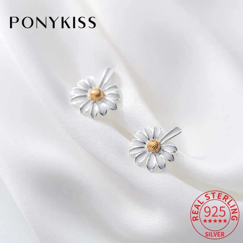 

PONYKISS Real S925 Sterling Silver Sweet Daisy Flower Chic Stud Earrings for Women Party Fine Jewelry Gift Accessories