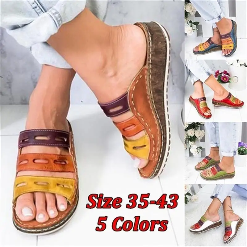 

New Women Slippers Summer Wedge Heel Women shoes Retro Stitching Low Beach Open Peep Toe Platform Sandals Slides Woman Shoes