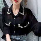 Модная женская блузка с длинными рукавами и жемчужинами, шифоновая рубашка, офисные женские свободные вечерние блузки, элегантная уличная одежда для женщин размера плюс