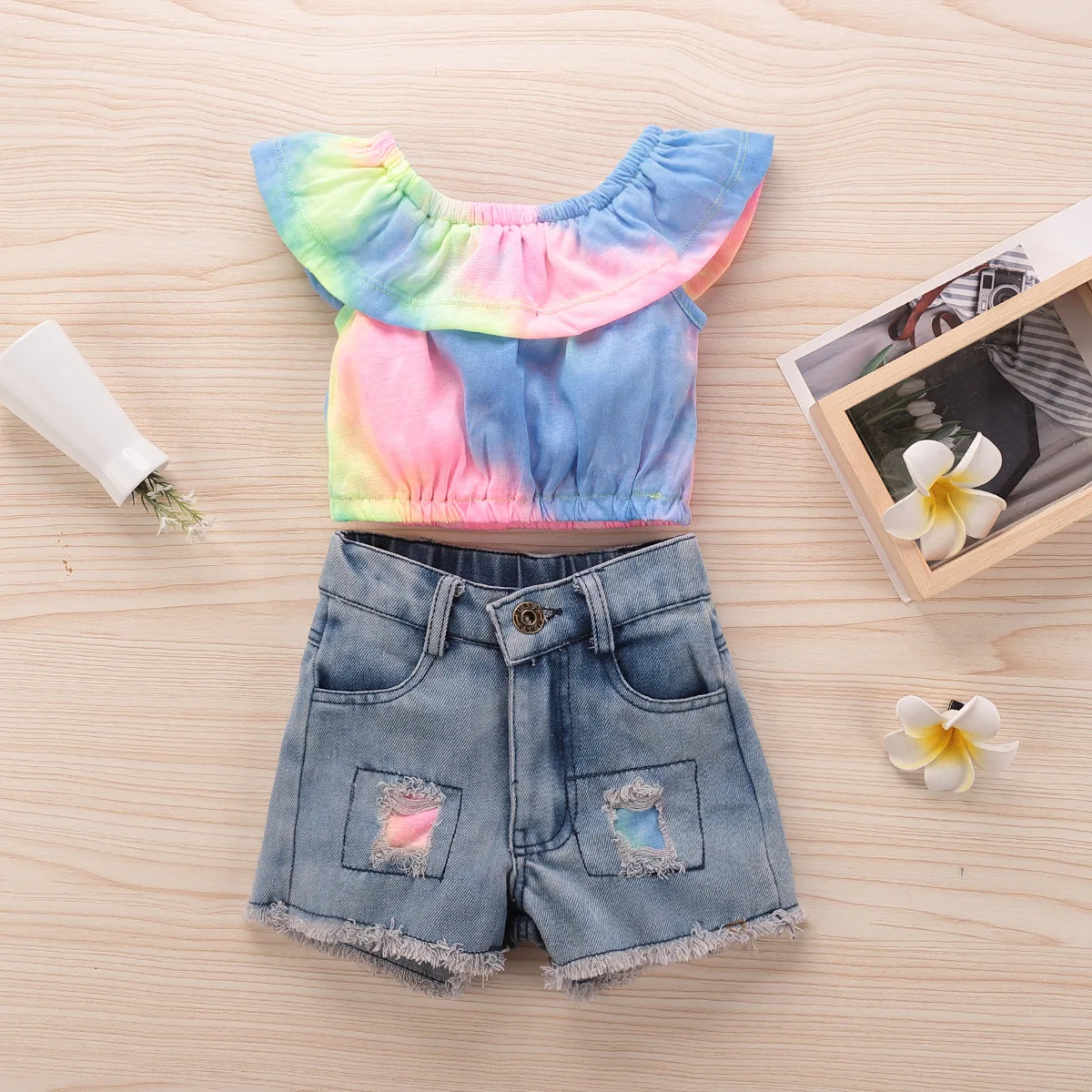 

2021 Fashion Toddler Kid Baby Girls Clothes Tie-Dye Printed Tops+Ripped Denim Shorts Sets Children Baby Girl Clothing 2-7Y