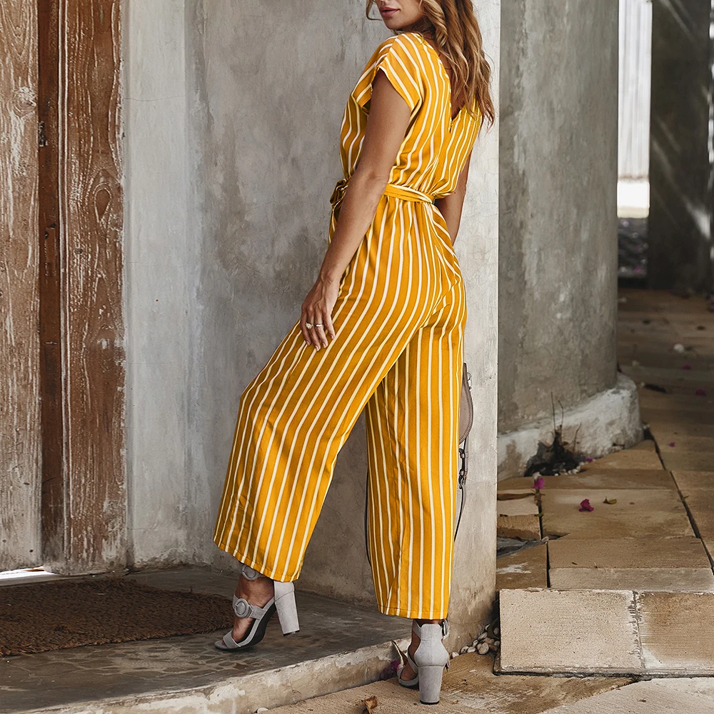 Женский Повседневный Свободный комбинезон в полоску с v образным вырезом и