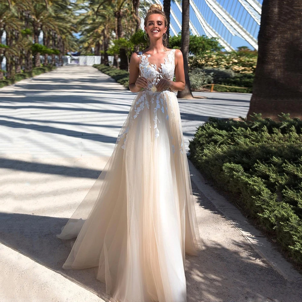 

UZN Elegant Wedding Dress A-Line Scoop Neckline Lace Appliques Backless Tulle Bridal Gowns Sexy Illusion Top Brides Dresses