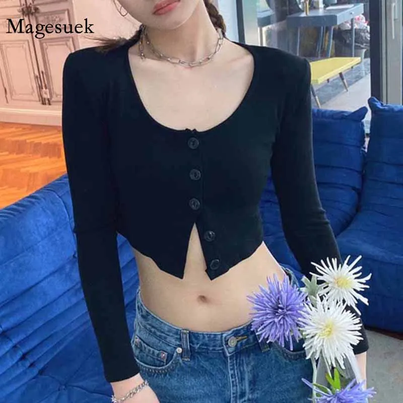 Женский однотонный черный вязаный джемпер с длинным рукавом короткий топ