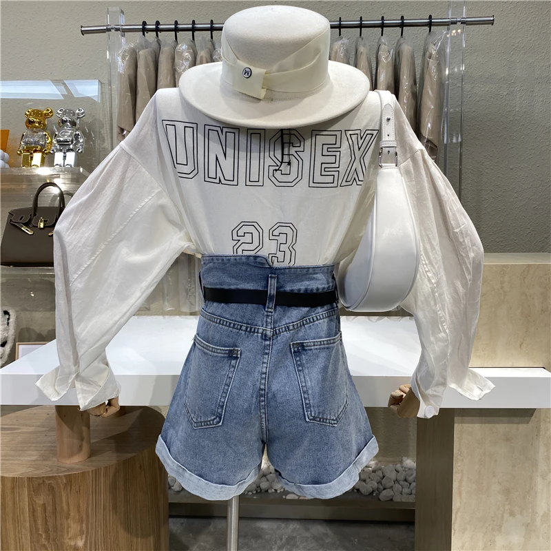 

Brand Original Design 2021 Asymmetric High-waisted Curl-up Wide-leg Hot Pants Versatile Casual Side Zipper Trim Jean Shorts