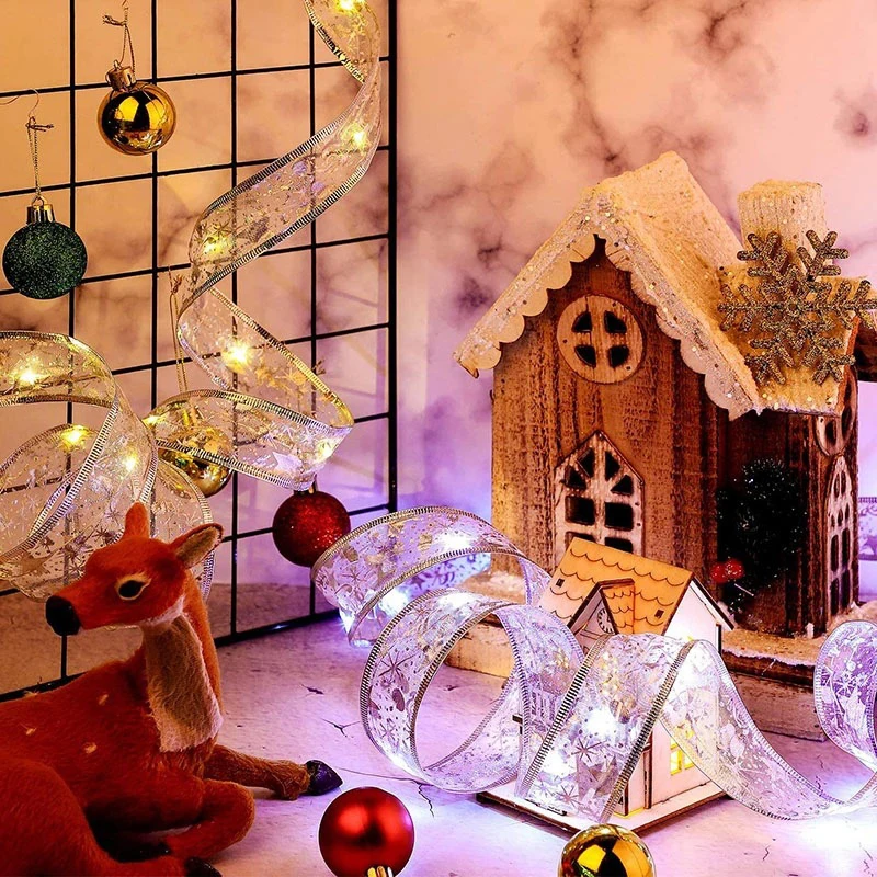 

Double Layer Fairy Lights Strings Christmas Ribbon Bows With LED Christmas Tree Ornaments New Year Navidad Home Decor