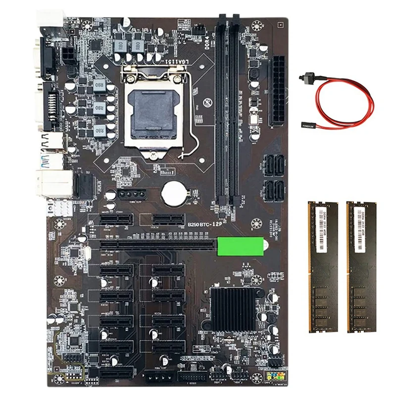 

Материнская плата B250 BTC для майнера, 12 PCIE 16X, графическая карта LGA1151 с 2XDDR4 4 Гб 2133 МГц ОЗУ + кабель переключения, поддержка VGA