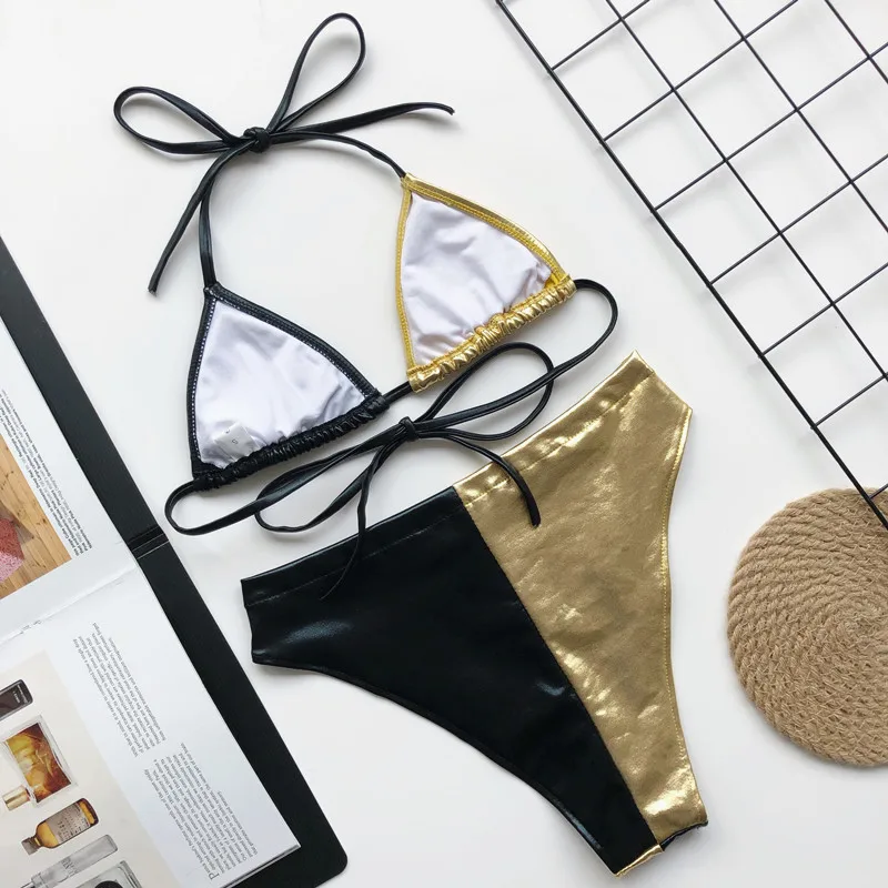 Gold PU Bikini Patchwork High Leg Cut Swimwear Women Waisted Bathing Suit Sexy Push Up Swimsuit Bright Leather Bikinis 2020 | Женская