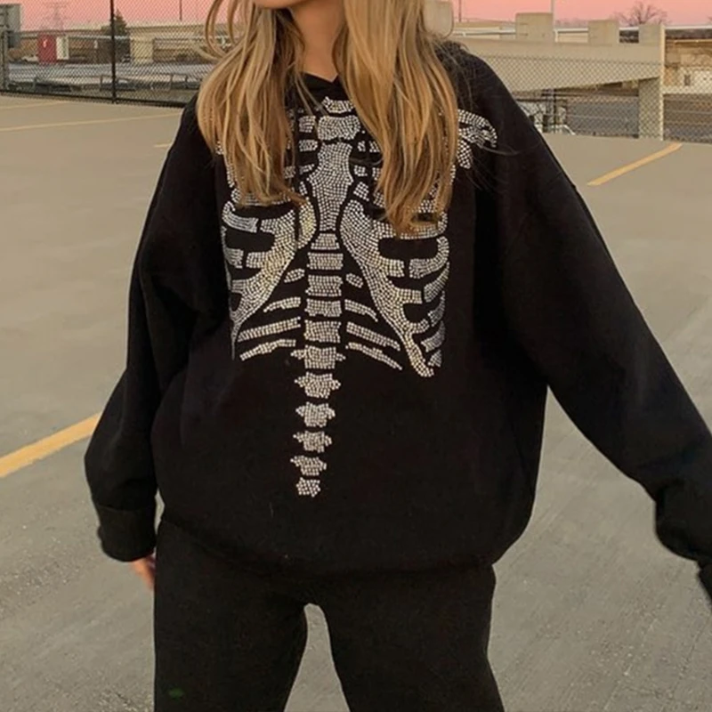 

Women Gothic Black Long Sleeve Hoodies Rhinestone Skeleton Breastbone Pattern Drawstring Sweatshirt Harajuku Punk Loose Top