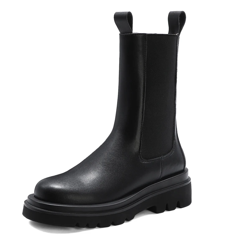 

Женские ботинки из спилка до середины икры, на квадратном каблуке, на молнии