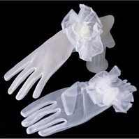new in stock white ivory wrist length tulle full finger bride gloves with flowers women wedding accessories