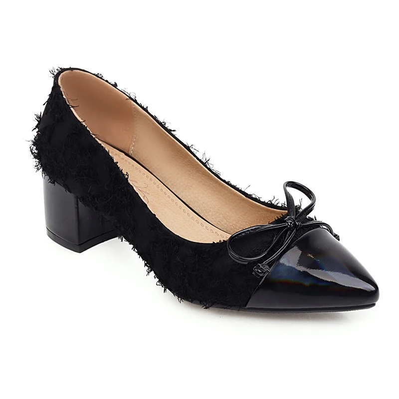 Туфли женские серые на толстом высоком каблуке заостренный носок бант замша