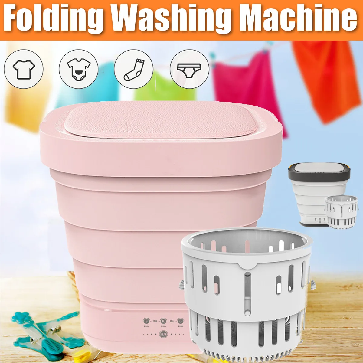 

Portable Mini Folding Clothes Washing Machine Bucket Automatic Home Travel Self-driving Tour Underwear Foldable Washer and Dryer